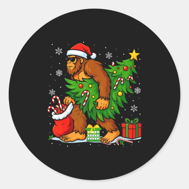 Sticker Rond Santa Bigfoot Christmas Tree Xmas Lights Funny Sas (Devant)
