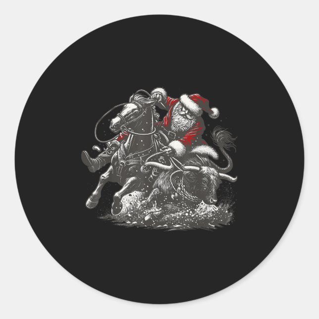 Sticker Rond Santa Bulldogging Christmas Cowboy Santa Rodeo Xma (Devant)