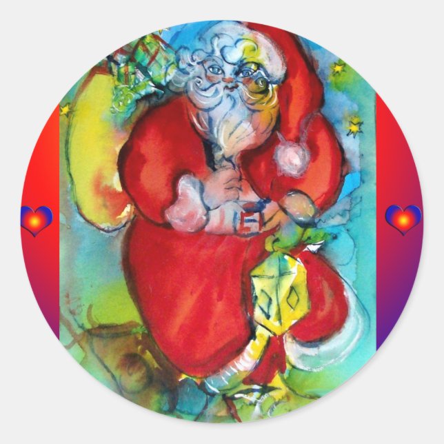 STICKER ROND SANTA CLAUS AVEC LANTERN DANS LA NUIT DE NOËL (Devant)