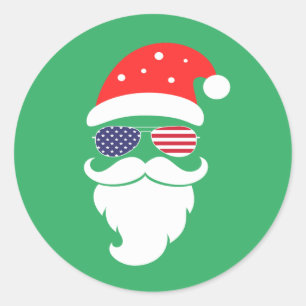 Sticker Rond Santa Claus avec lunettes de soleil Patriotic USA