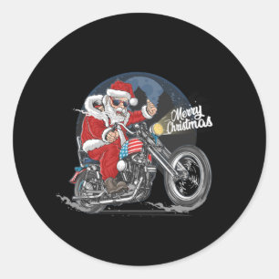 Sticker Rond Santa Claus Biker US Drapeau Motorcycle Noël Gif