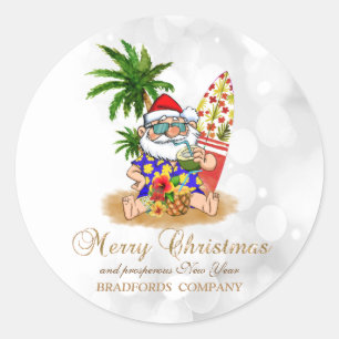 Sticker Rond Santa Claus cool, Palm Tree, Beach Bokeh