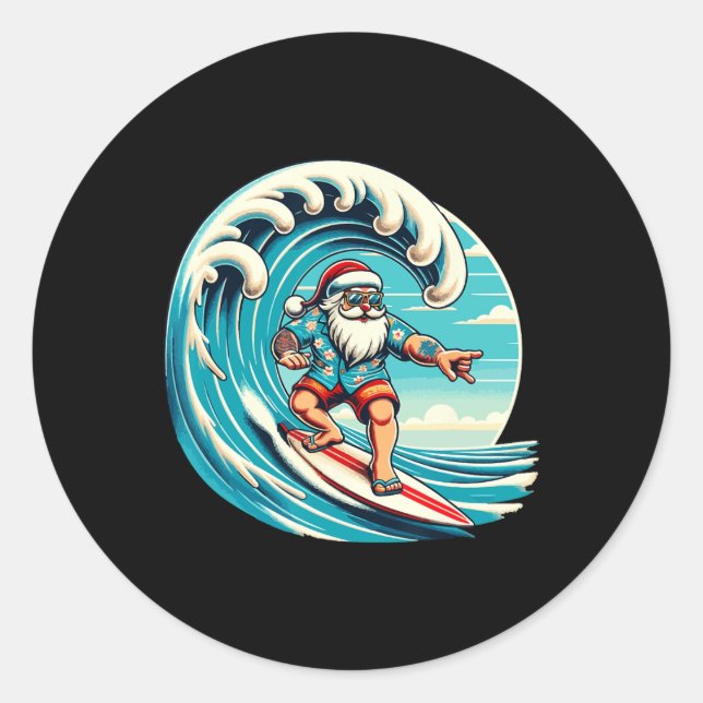 Sticker Rond Santa Claus Hawaiian Surfing Noël Aloha Tropi (Devant)