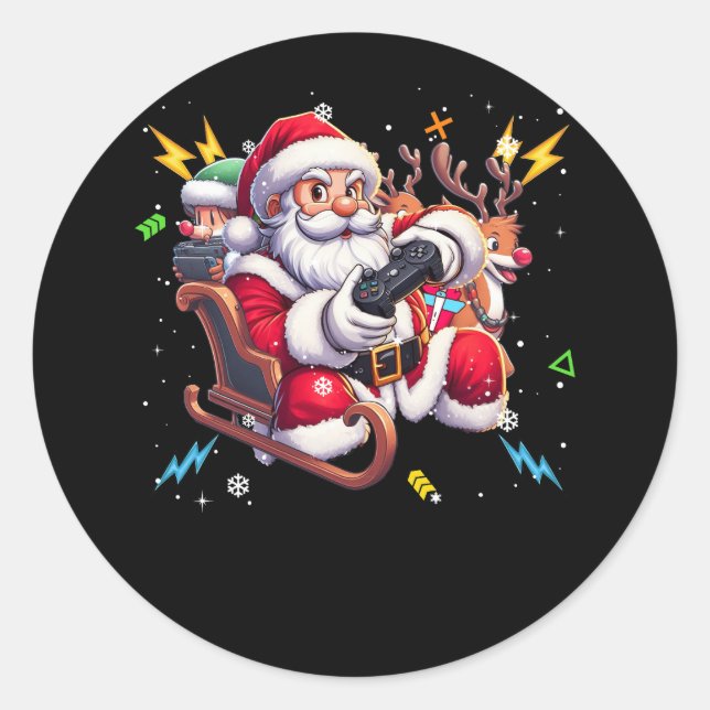 Sticker Rond Santa Claus Jouer Jeu de Noël Joueur Vidéo Jeu (Devant)