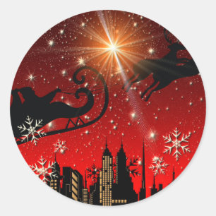 Sticker Rond Santa Claus Reindeer et Sleigh Flying
