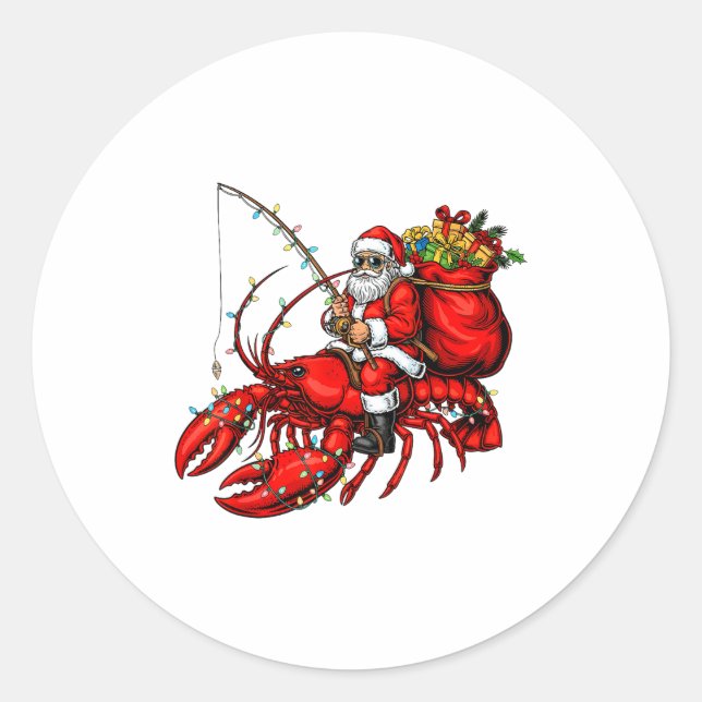 Sticker Rond Santa Claus Riding Lobster Lights Christmas Fishin (Devant)