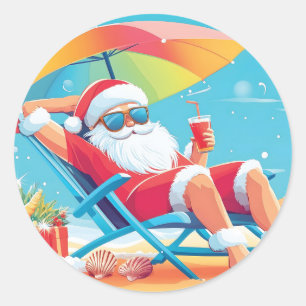 Sticker Rond Santa Claus Se détendre sur une plage tropicale