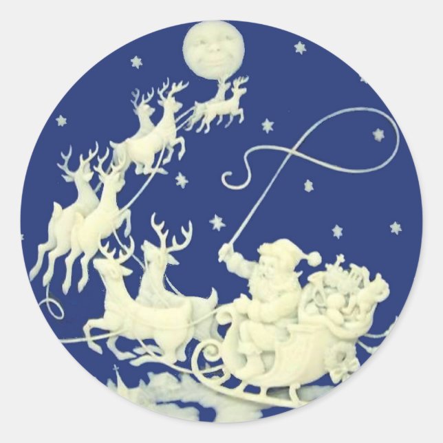 Sticker Rond Santa Claus Sleigh Night Ride Noël Bleu Blanc (Devant)