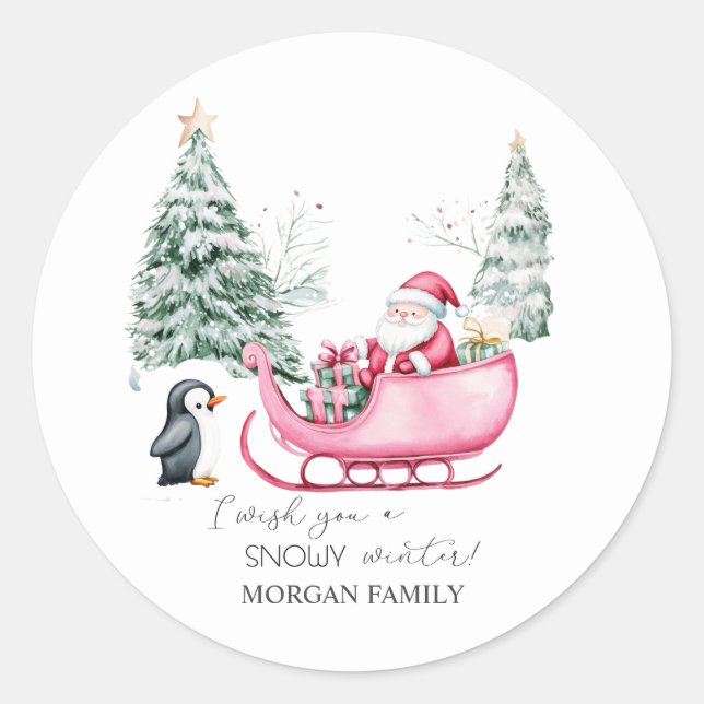 Sticker Rond Santa Claus, Sleigh, Penguin, Forêt (Devant)