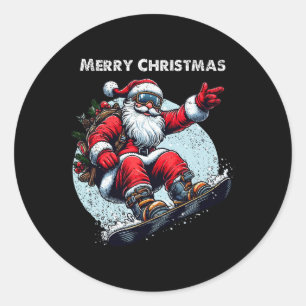 Sticker Rond Santa Claus Snowboard Joyeux Noël Hiver Ho