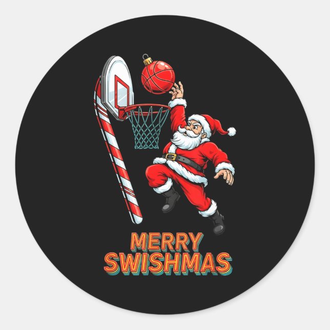 Sticker Rond Santa Dunking Merry Swishmas Basketball Christmas  (Devant)