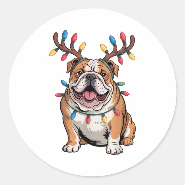 Sticker Rond Santa English Bulldog Reindeer Light Christmas  (Devant)