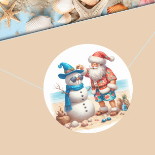 Sticker Rond Santa et bonhomme de neige Noël île tropicale