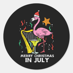 Sticker Rond Santa Flamingo Harpe Joyeux Noël en Juillet Mignon