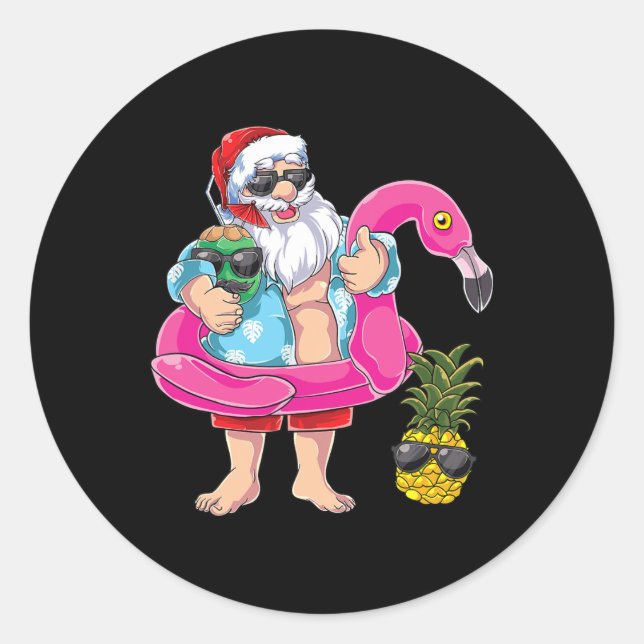 Sticker Rond Santa Flamingo Pineapple Plage Vacances Noël I (Devant)