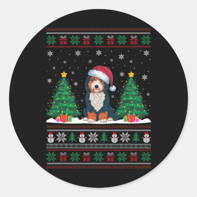 Sticker Rond Santa Hat Bernedoodle Chien Noël Lumières Arbre de (Devant)