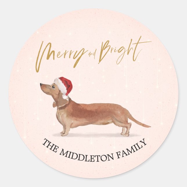 Sticker Rond Santa Hat Chien Tan Dachshund Joyeux Noël (Devant)