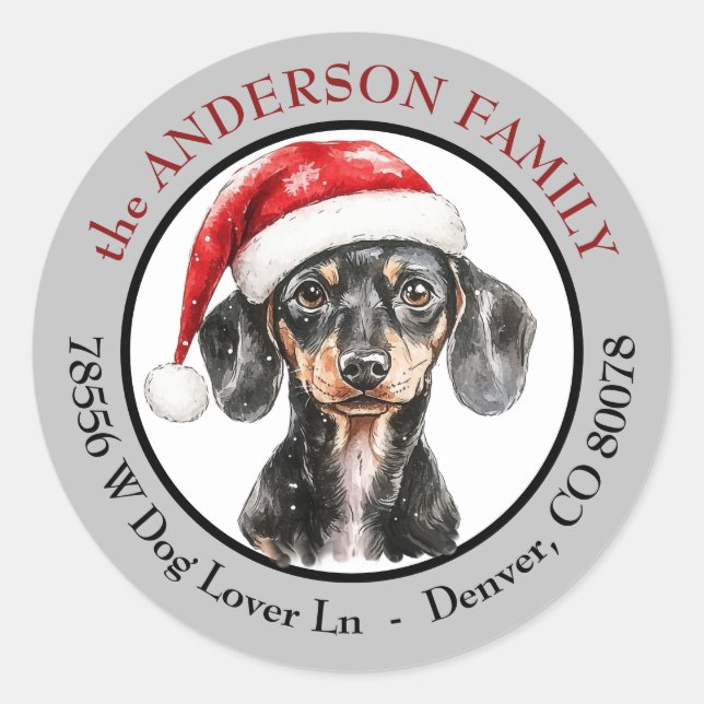 Sticker Rond Santa Hat Dachshund Dog Return Address (Devant)