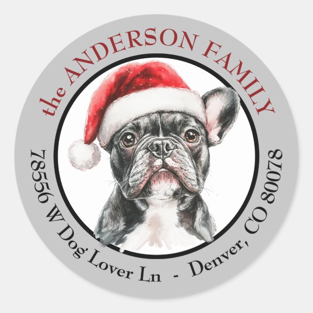 Sticker Rond Santa Hat French Bulldog Return Address (Devant)