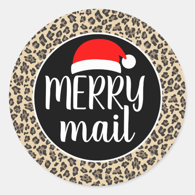 Sticker Rond Santa Hat Poster de animal Leopard Merry Mail (Devant)