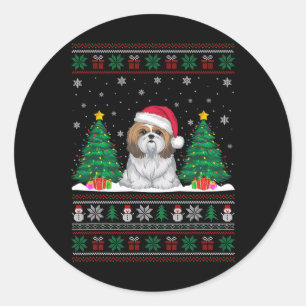 Sticker Rond Santa Hat Shih Tzu Chien Les lumières des arbres d