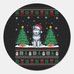 Sticker Rond Santa Hat Sibérien Husky Chien Xmas Les lumières d