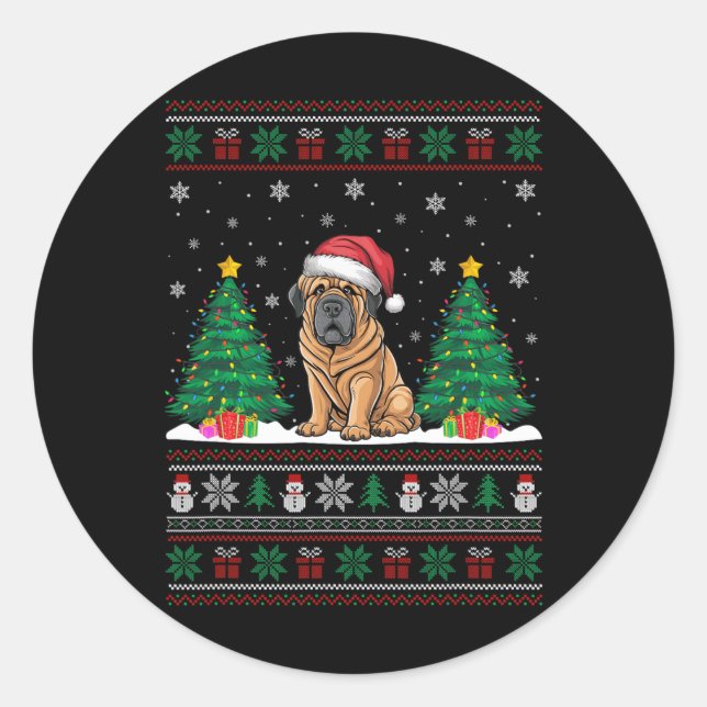 Sticker Rond Santa Hat Tibétain Mastiff Chien Xmas Arbre Lumièr (Devant)