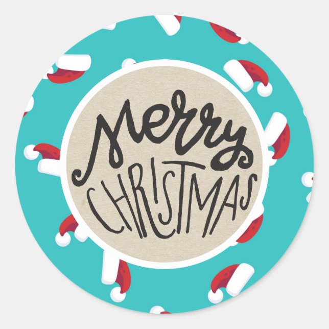 Sticker Rond Santa Hats Bleu Noël Fête Whimsical Faveur (Devant)