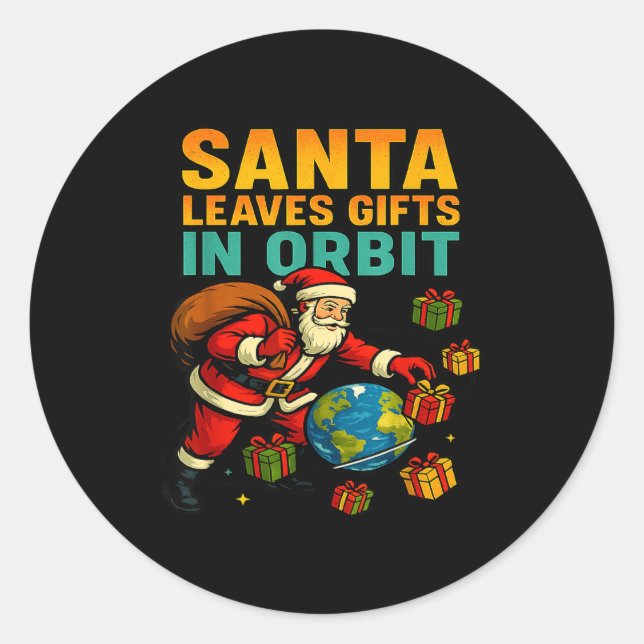 Sticker Rond Santa Leaves In Orbit Funny Xmas Space  (Devant)