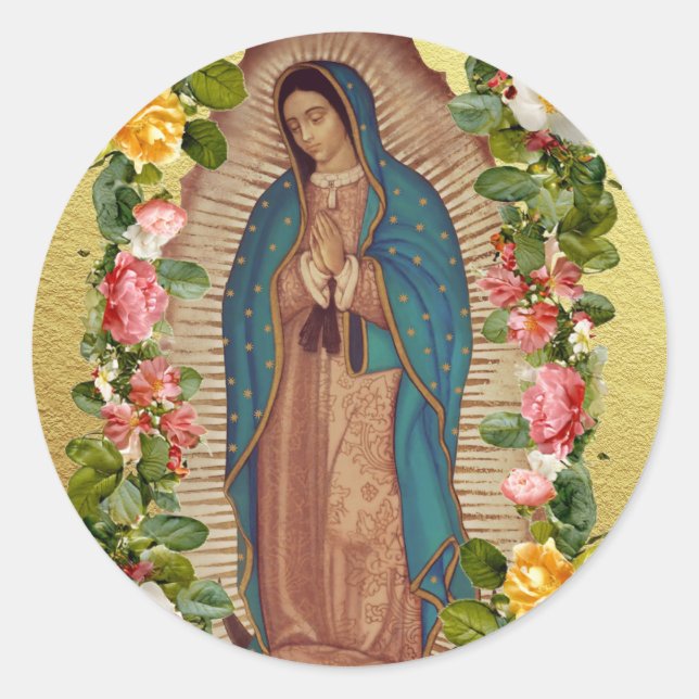 Sticker Rond Santa Maria, Virgen de Guadalupe Mother Mary Roses (Devant)