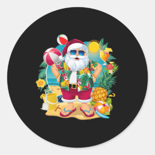 Sticker Rond Santa Noël en juillet sur la plage Été hawaïen V