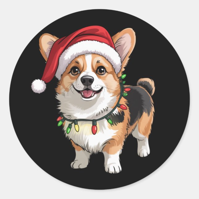 Sticker Rond Santa Pembroke Welsh Corgi Christmas Tree Lights  (Devant)