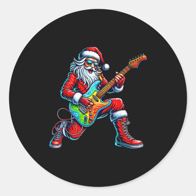 Sticker Rond Santa Playing Guitar Musician Guitarist Christmas  (Devant)