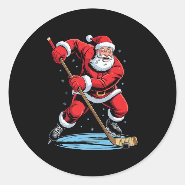 Sticker Rond Santa Playing Hockey Funny Holiday Christmas Xmas  (Devant)
