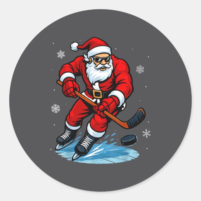 Sticker Rond Santa Playing Ice Hockey Xmas Funny Christmas Hock (Devant)