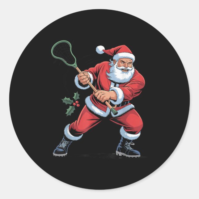 Sticker Rond Santa Playing Lacrosse Funny Holiday Christmas Xma (Devant)