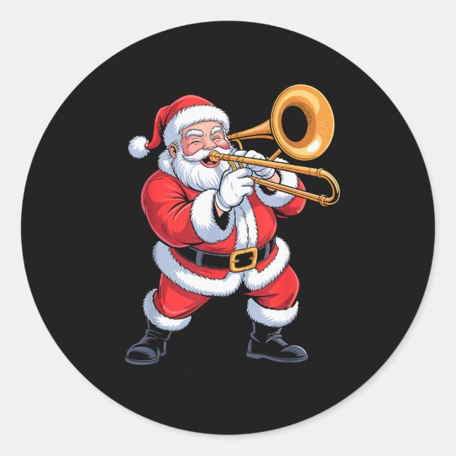 Sticker Rond Santa Playing Trombone Funny Holiday Chrismas Xmas (Devant)