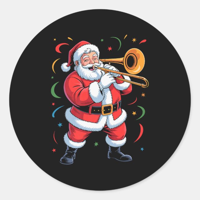 Sticker Rond Santa Playing Trombone Funny Holiday Christmas Xma (Devant)
