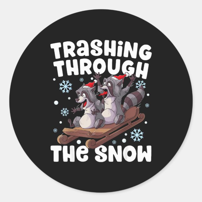 Sticker Rond Santa Racoon Trashing Through The Snow Cute Christ (Devant)