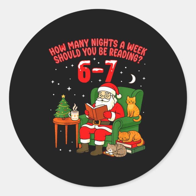 Sticker Rond Santa Reading 67 Cat Christmas Six Seven Teacher B (Devant)