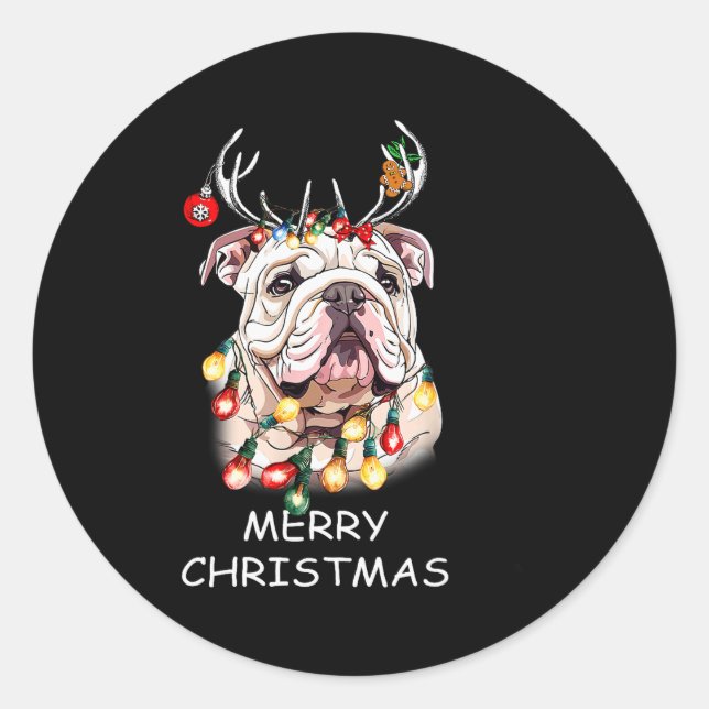 Sticker Rond Santa Reindeer English Bulldog Dog Christmas Light (Devant)