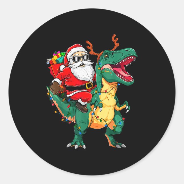 Sticker Rond Santa Riding Dinosaur T Rex Funny Christmas Kids B (Devant)