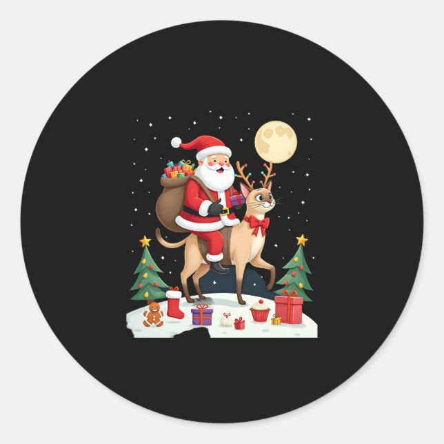 Sticker Rond Santa Riding Reindeer Siamese Cat Christmas Tree L (Devant)