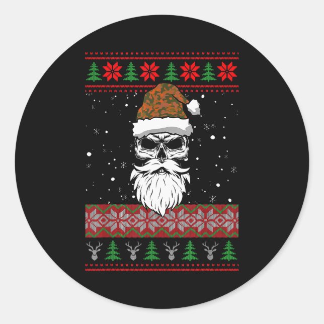 Sticker Rond Santa Skull Ugly Christmas Sweater Camo Aesthetic  (Devant)