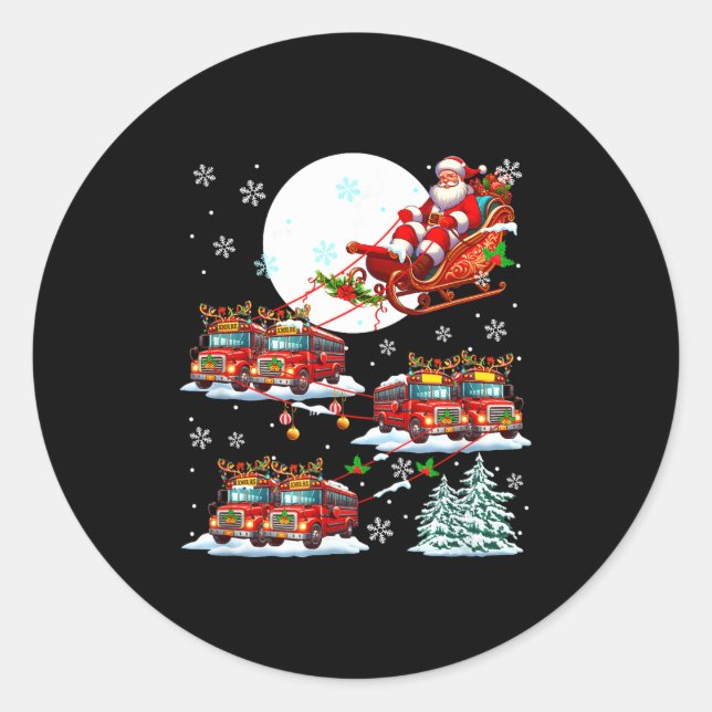 Sticker Rond Santa Sleigh Reindeer School Buses Matching Driver (Devant)