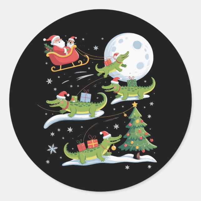 Sticker Rond Santa Sleigh Riding Alligator Christmas Funny Xmas (Devant)