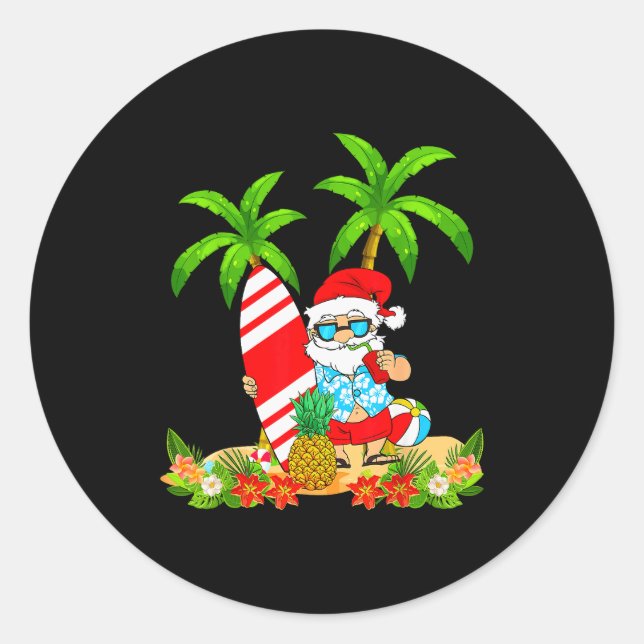 Sticker Rond Santa Summer Surfing Christmas In July Beach Vacat (Devant)