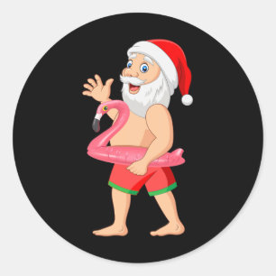 Sticker Rond Santa sur un radeau Flamingo Noël drôle en juillet