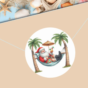 Sticker Rond Santa sur une île tropicale Noël
