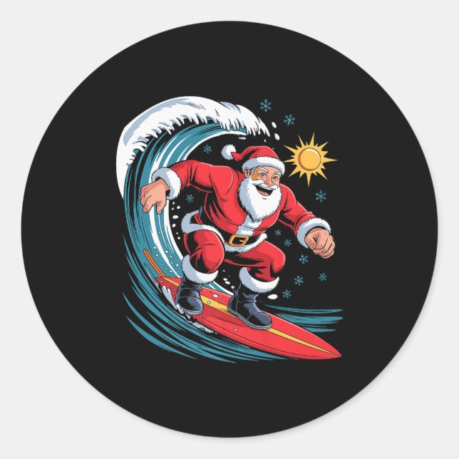 Sticker Rond Santa Surfing Funny Surfer Holiday Christmas Xmas  (Devant)